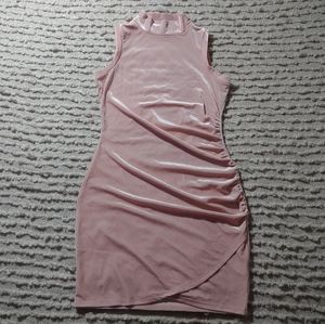 Pink ruched velvet mini dress with mock neck